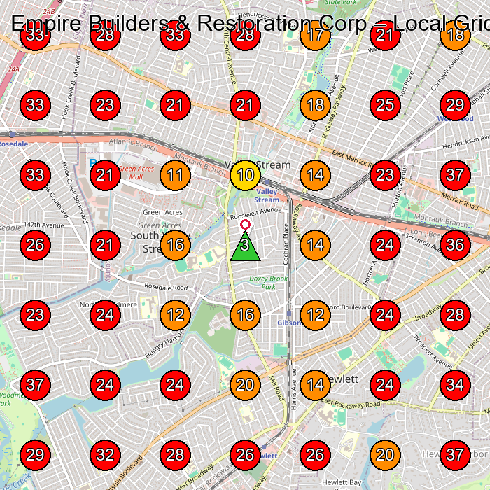 Empire Builders & Restoration Corp GeoGrid visibility map for General Contractor in Valley Stream